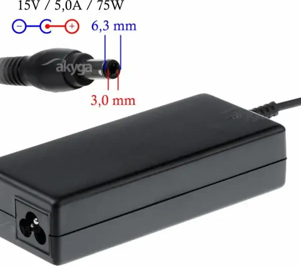 Adaptër karikues për laptop Akyga AK-ND-14, 75W, 15V 5A, 6.3 x 3.0 mm, i zi