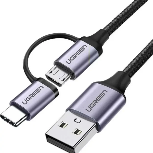Kabllo USB Ugreen 30875, USB A në microUSB dhe USB C, 1 m, e zezë