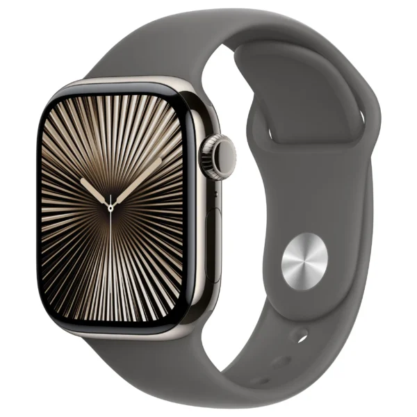 Apple Watch Series 10 / GPS + Cellular / 42mm / Natural Titanium Case with Stone Grey Sport Band – S/M