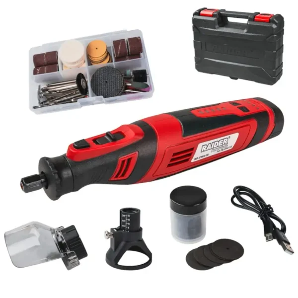 Raider Set Mini-Mulli 8V, Bateri 2Ah, Shpejtësi E Ndryshueshme, 127 Aksesorë, Me Kuti – Rd-Cmg16